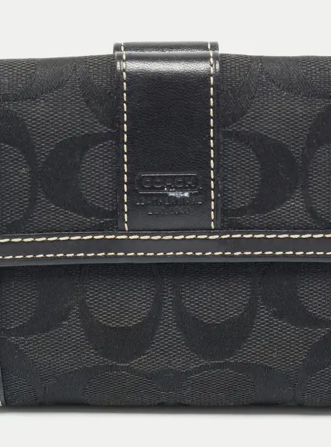 Coach Black Signature Canvas and Leather Flap Compact Wallet