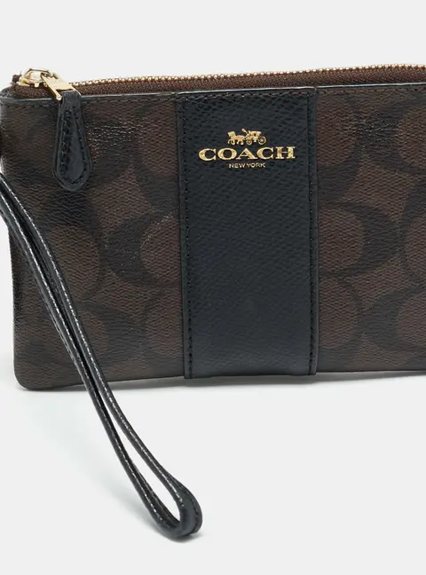 Coach Brown/Black Signature Coated Canvas and Leather Corner Zip Wristlet