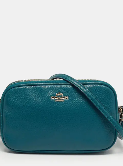 Coach Double Zip Teal Green Leather Camera Crossbody Bag