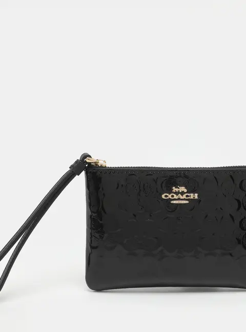 Coach Black Signature Debossed Patent Leather Wristlet