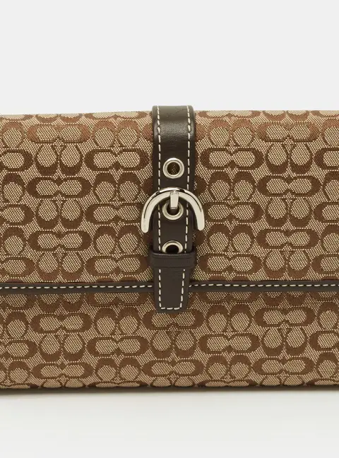 Coach Buckle Beige/Brown Signature Fabric and Leather Trifold Wallet