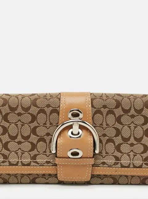 Coach Buckle Detail Beige/Tan Signature Canvas and Leather Continental Wallet