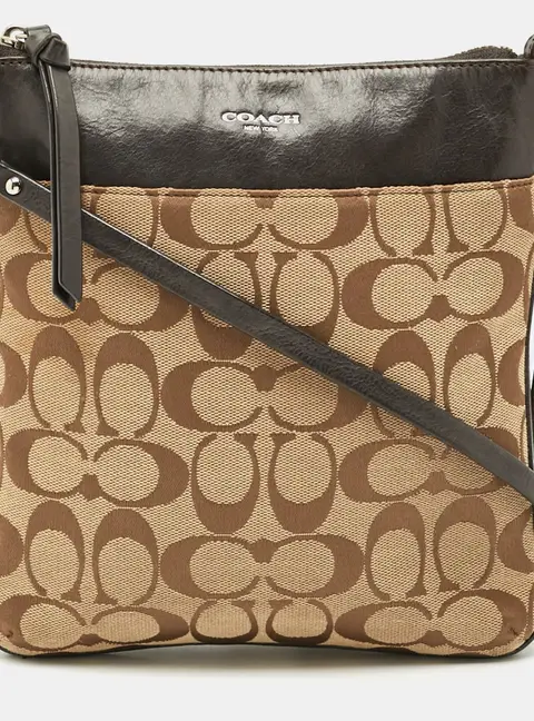 Coach Swingpack Dark Brown/Beige Signature Canvas and Leather Crossbody Bag