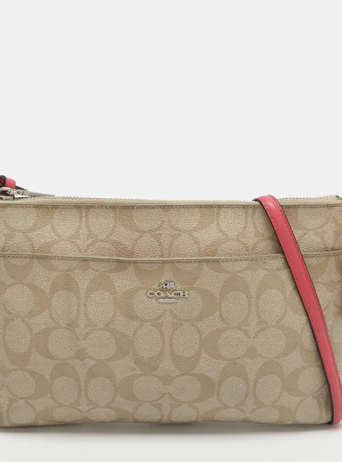 Coach East/West Pop Up Beige/Pink Coated Canvas Pouch Crossbody Bag
