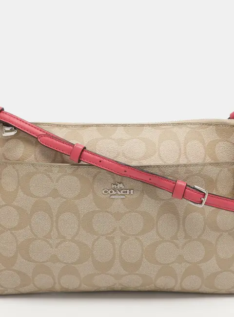 Coach East/West Pop Up Pouch Beige/Pink Signature Coated Canvas Crossbody Bag