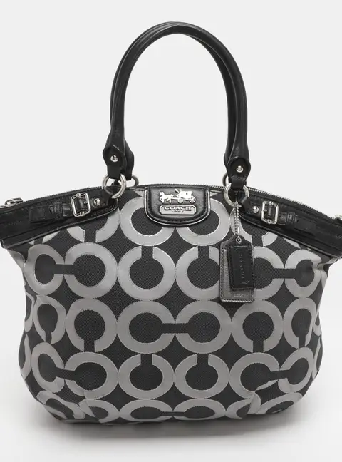 Coach Madison Black Op Art Sateen and Leather Satchel