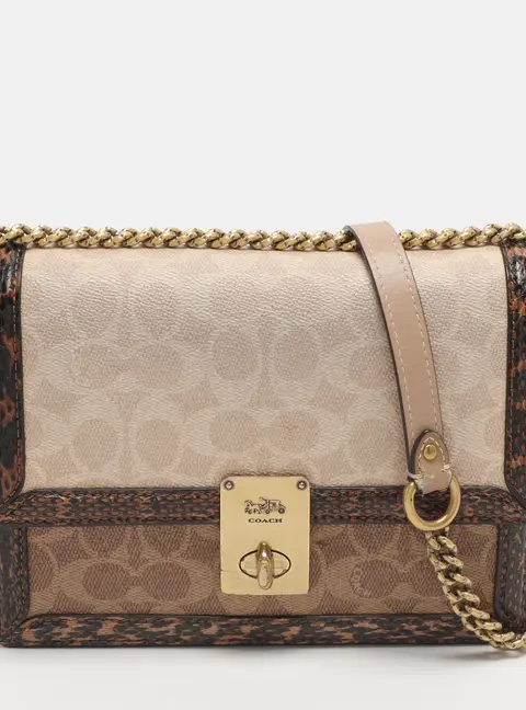 Coach Hutton Brown Signature Coated Canvas and Snakeskin Trim Shoulder Bag