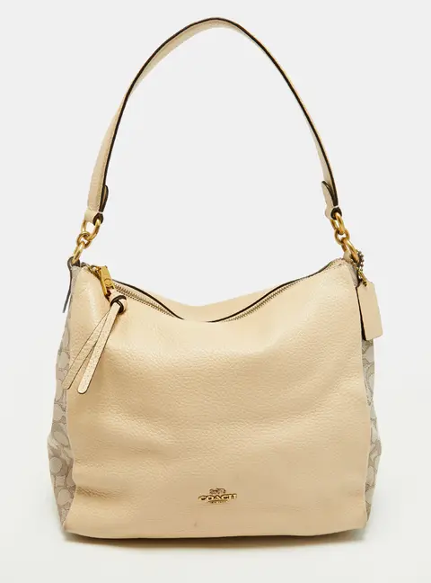 Coach Shay Beige Leather and Signature Canvas Shoulder Bag