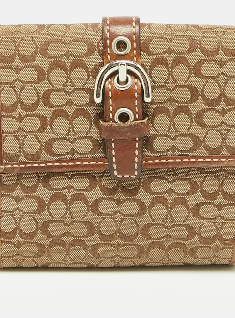Coach Buckle Flap Brown/Beige Signature Fabric and Leather French Wallet