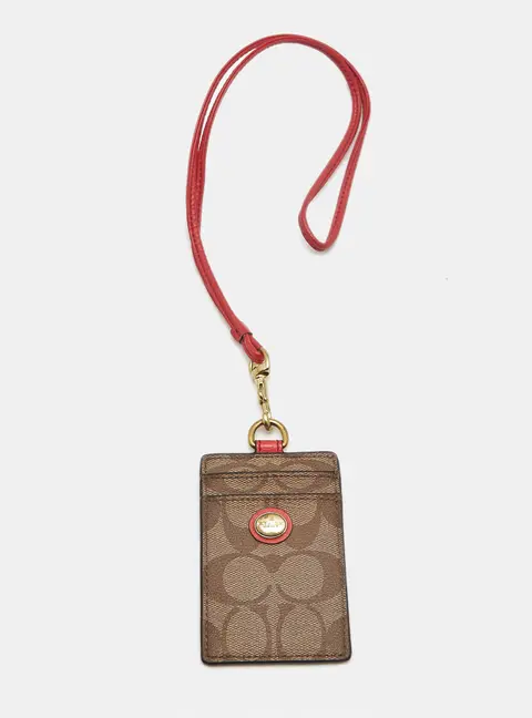 Coach Beige/Red Signature Coated Canvas Lanyard ID Card Holder