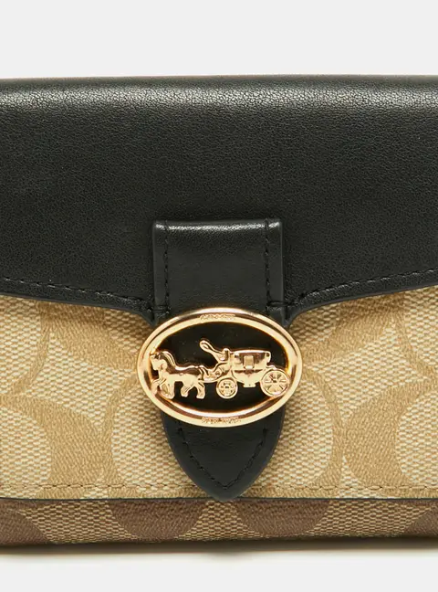 Coach Georgie Beige/Black Signature Coated Canvas and Leather Compact Wallet