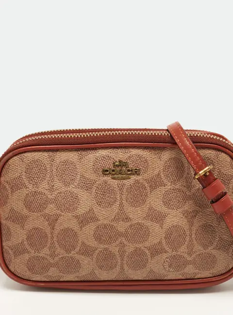 Coach Double Zip Brown Signature Coated Canvas Crossbody Bag