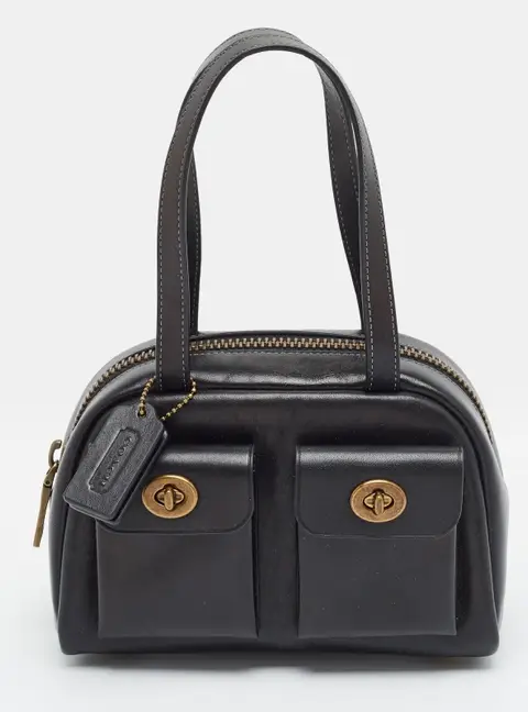 Coach Twin Turnlock 20 Black Leather Satchel