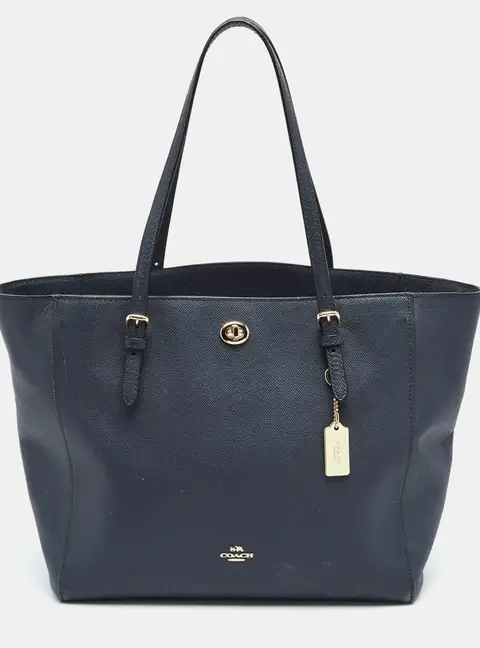 Coach Turnlock Navy Blue Leather Shopper Tote