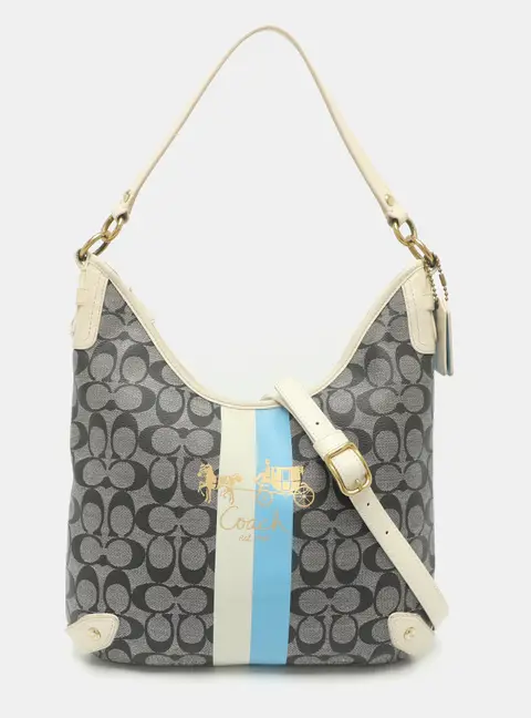 Coach Heritage Stripe Black/White Signature Coated Canvas and Leather Shoulder Bag