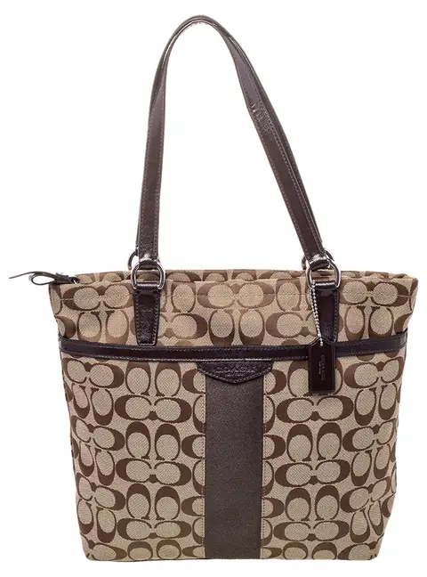 Coach Brown /Beige Canvas And Patent Leather Top Zip Tote