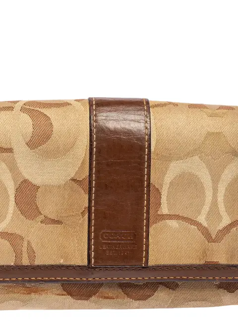 Coach Beige/Brown Signature Canvas and Leather Compact Wallet