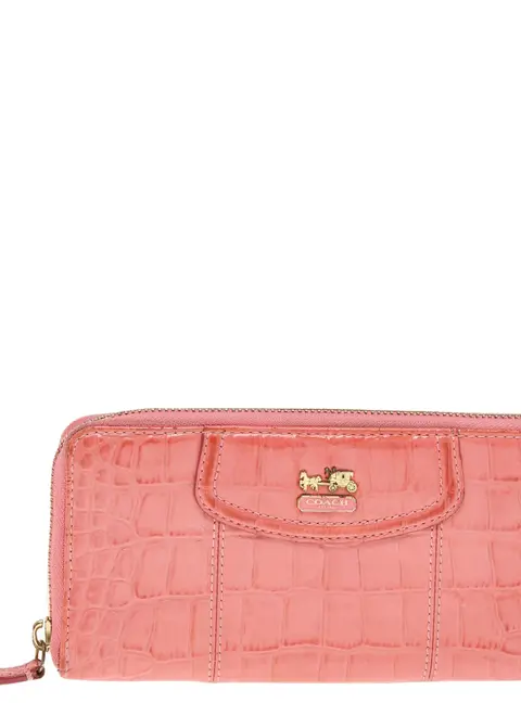 Coach Coral Pink Croc Embossed Leather Zip Around Wallet
