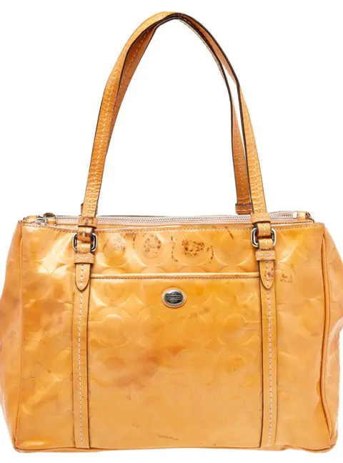 Coach Tan Patent Leather Peyton Op Art Double Zip Satchel