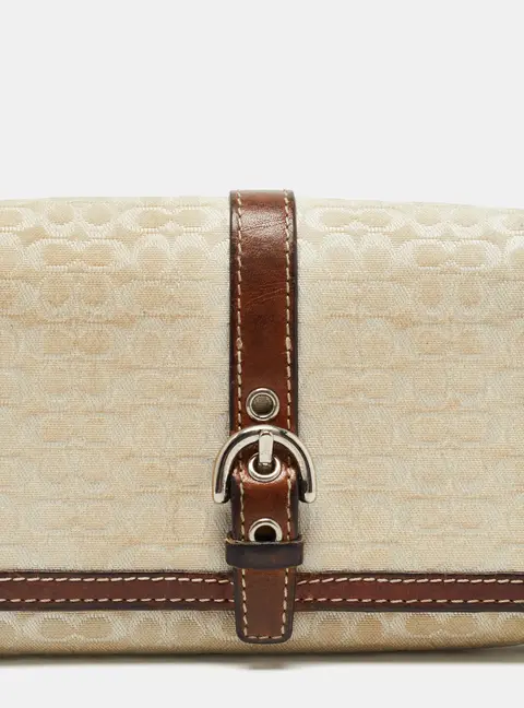 Coach Brown Signature Canvas and Leather Buckle Flap Wallet
