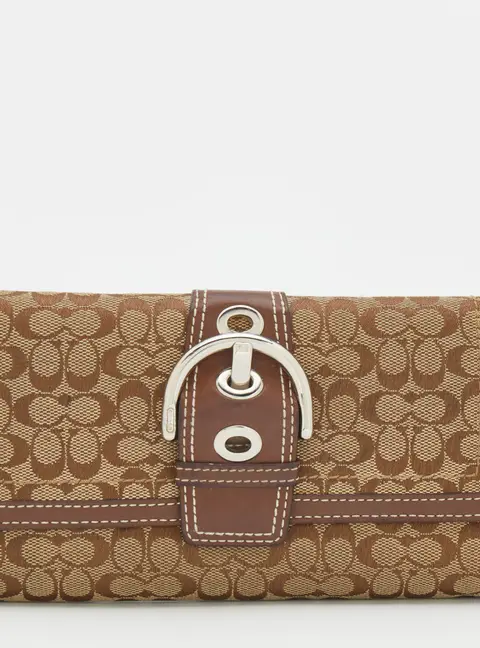 Coach Beige/Brown Signature Canvas and Leather Buckle Detail Continental Wallet