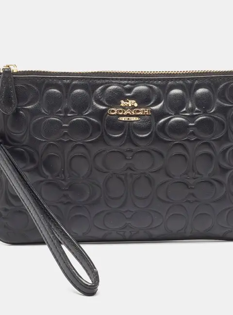Coach Black Signature Embossed Leather Wristlet Pouch