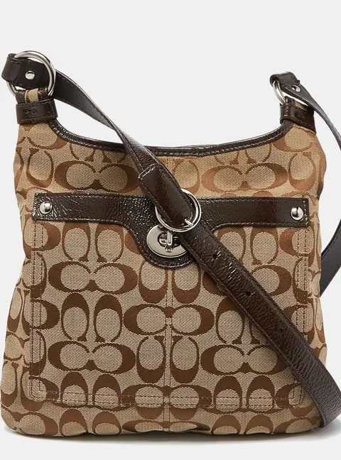 Coach Brown/Beige Signature Canvas and Patent Leather Crossbody Bag