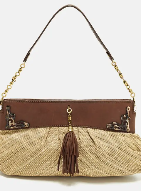 Cole Haan Tassel Brown/Cream Fabric and Leather Shoulder Bag