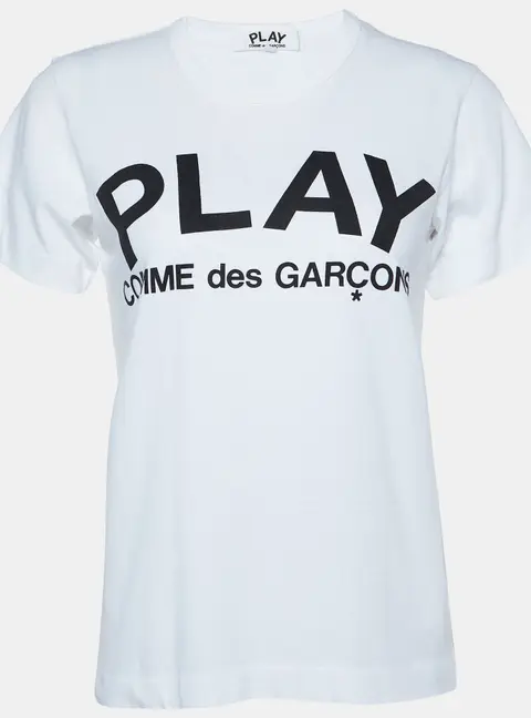 Comme Des Garcons Play White Logo Print Cotton Crew Neck T-Shirt L