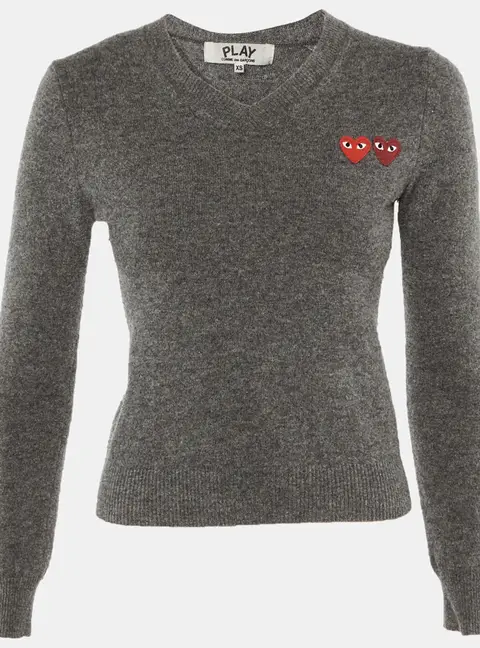 Comme des Garcons Play Grey Double Heart Wool V-Neck Sweater XS