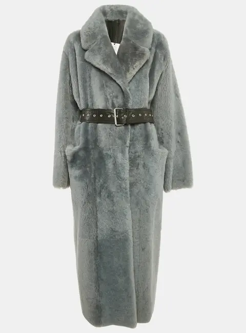 Common Leisure Blue Shearling and Leather Belted Coat S