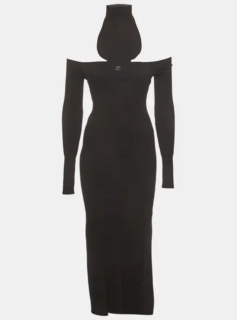 Courr&egrave;ges Black Rib Knit Slit Maxi Dress XS