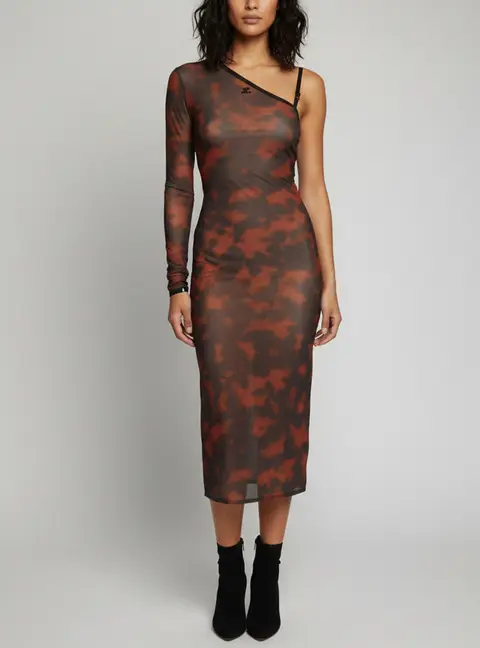 Courr&egrave;ges Brown Printed Mesh One Shoulder Bodycon Dress S