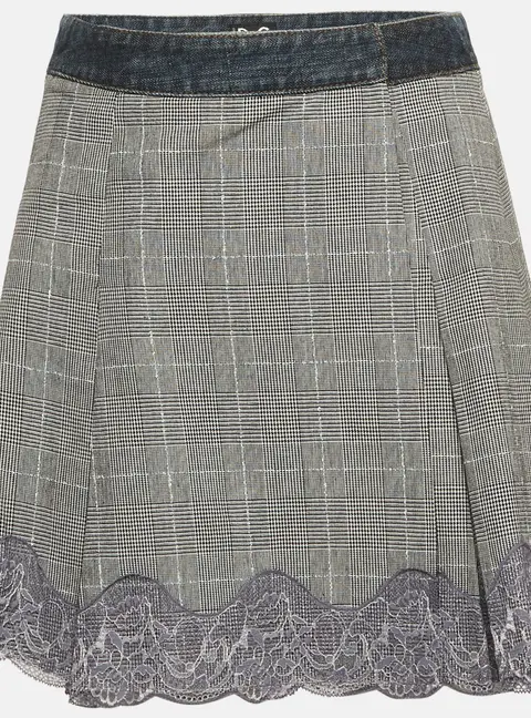 D&G Blue/Monochrome Plaid Denim Lace Detail Wrap Skirt S