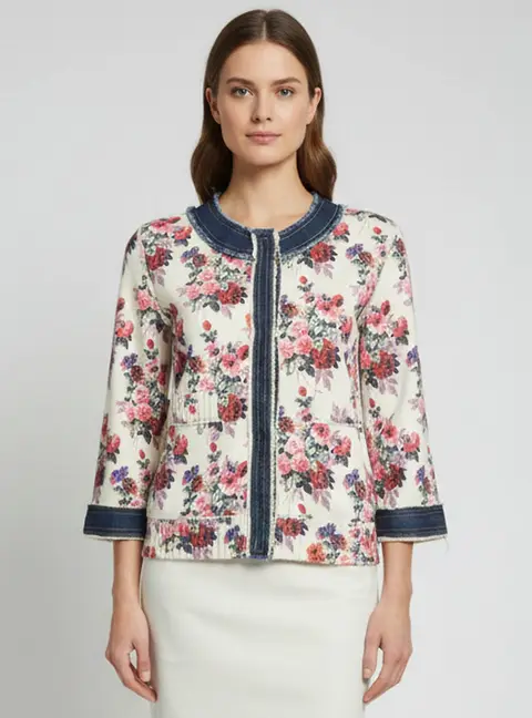 D&G Cream Floral Print Knit Denim Trim Button Up Jacket S