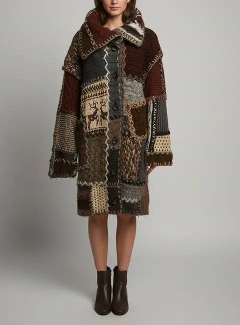 D&G Multicolor Patchwork Wool Knit Oversized Coat S