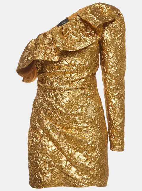 Dundas Metallic Gold Embossed One Shoulder Mini Dress S