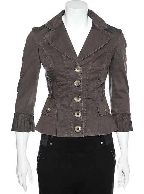 D&G Vintage Brown Cotton Textured Trim Button Front Blazer S