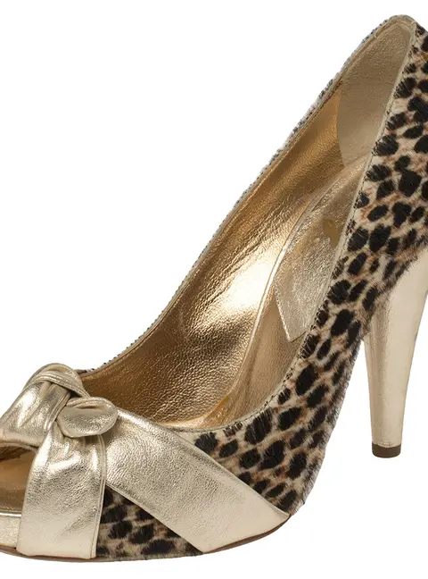 Dolce & Gabbana Gold Leather and Pony Hair Knotted Peep Toe Pumps Size 40