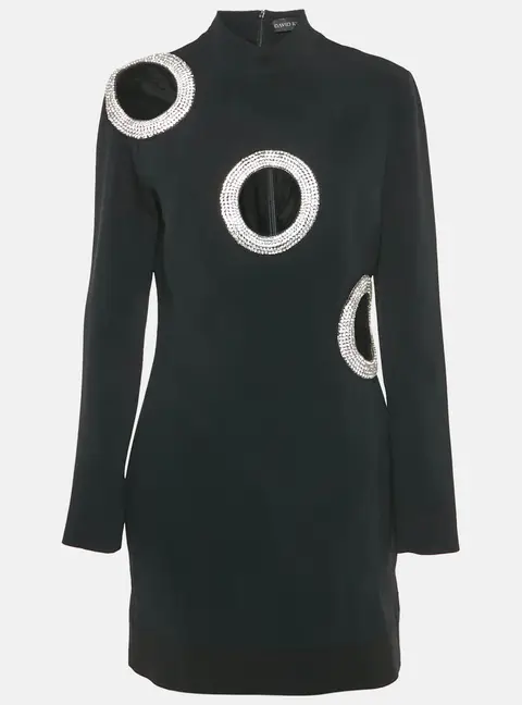 David Koma Black Crystal Embellished Crepe Cut-Out Mini Dress L