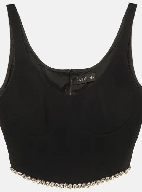 David Koma Black Crepe Crystal Embellished Crop Top M