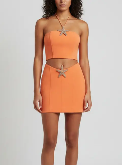 David Koma Orange Crepe Strafish Detail Corset Crop Top and Skirt Set S