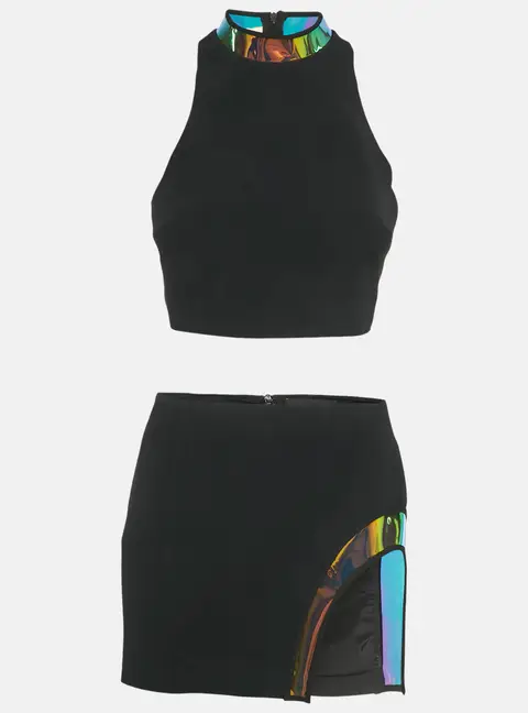 David Koma Black Hologram Vinyl Trim Crepe Set S