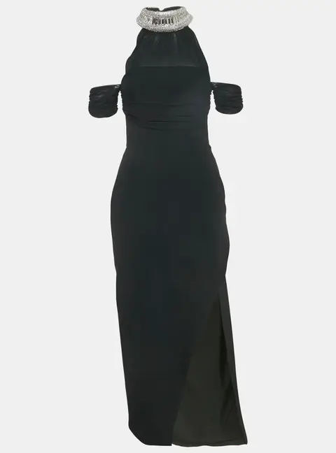 David Koma Black Crepe Embellished Neck Dress S