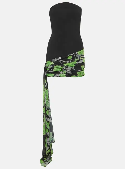 David Koma Black Crepe and Mesh Rose Print Strapless Mini Dress S