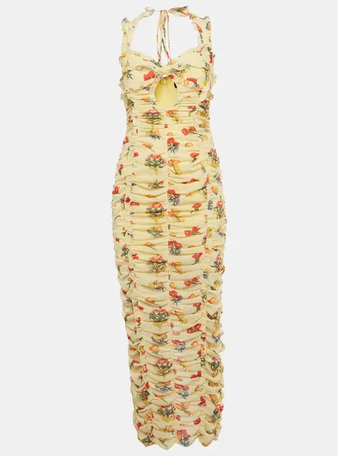 De La Vali Dress Yellow Floral Print Crepe Ruched Maxi Dress M