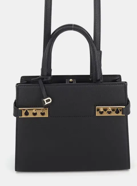 Delvaux Tempete Crush Small Black Calfskin Leather Top Handle Bag