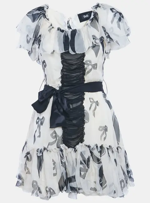 D&G Cream Bow Print Silk Ruffle Mini Dress M