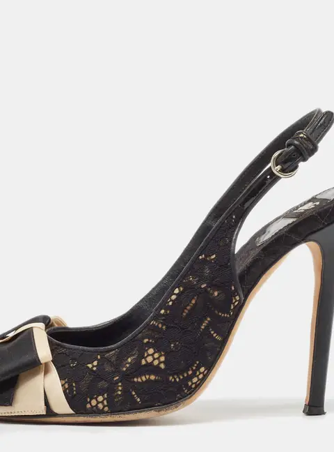 D&G Black Black Leather and Lace Bow Peep Toe Slingback Pumps Size 39