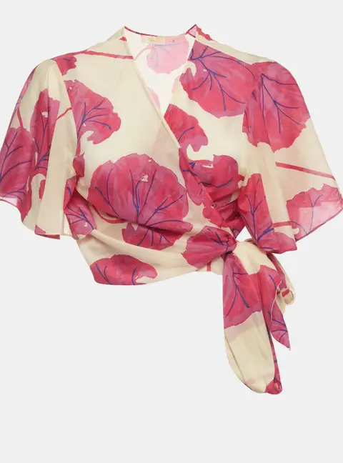 Diane von Furstenberg Cream Floral Print Voile Hailey Wrap Top L